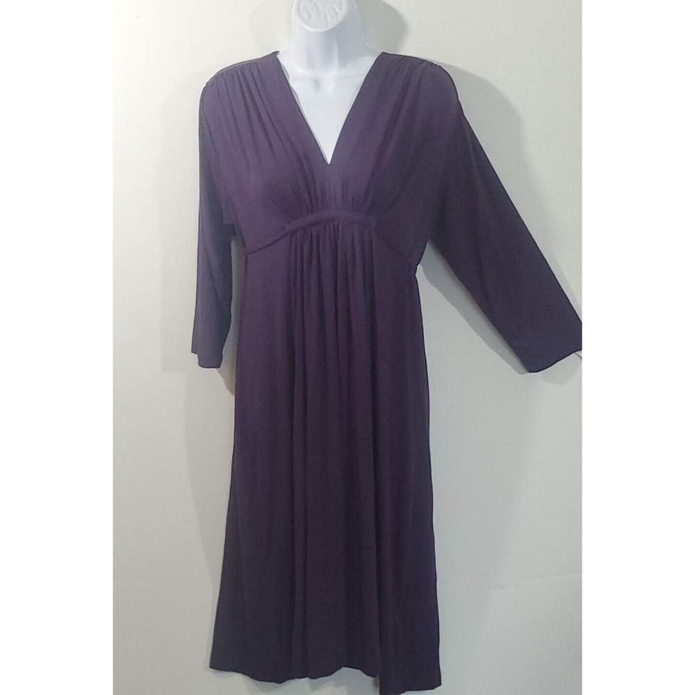 Olian Large Stretch Empire Waist Long Sleeve V-Neck Belt Purple Maternity Dress - Picture 2 of 11